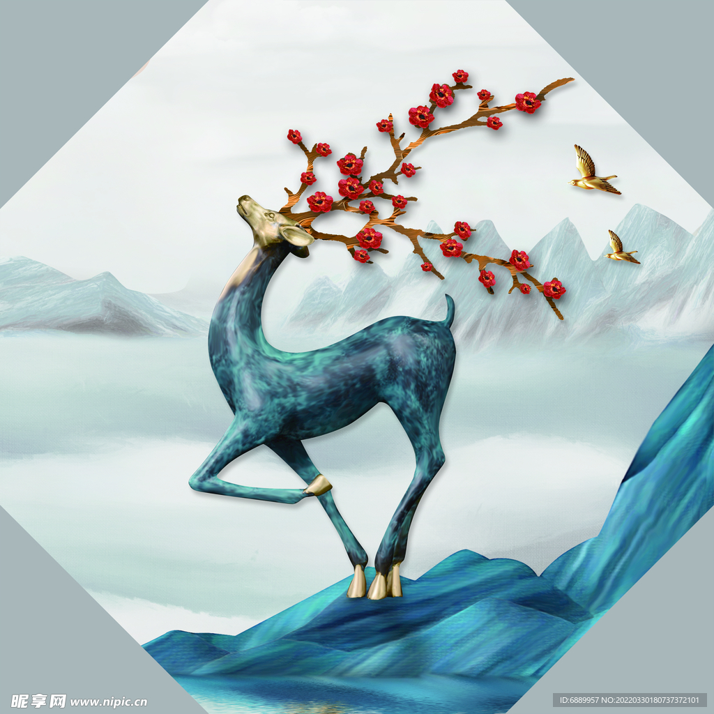 新中式山水画  鹿
