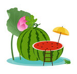 夏日清凉水果西瓜荷花插画元素