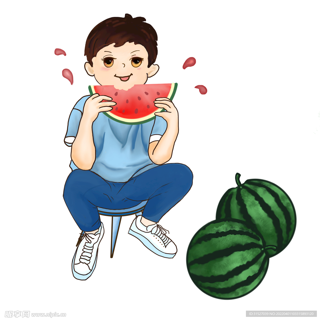 卡通吃西瓜的小男孩