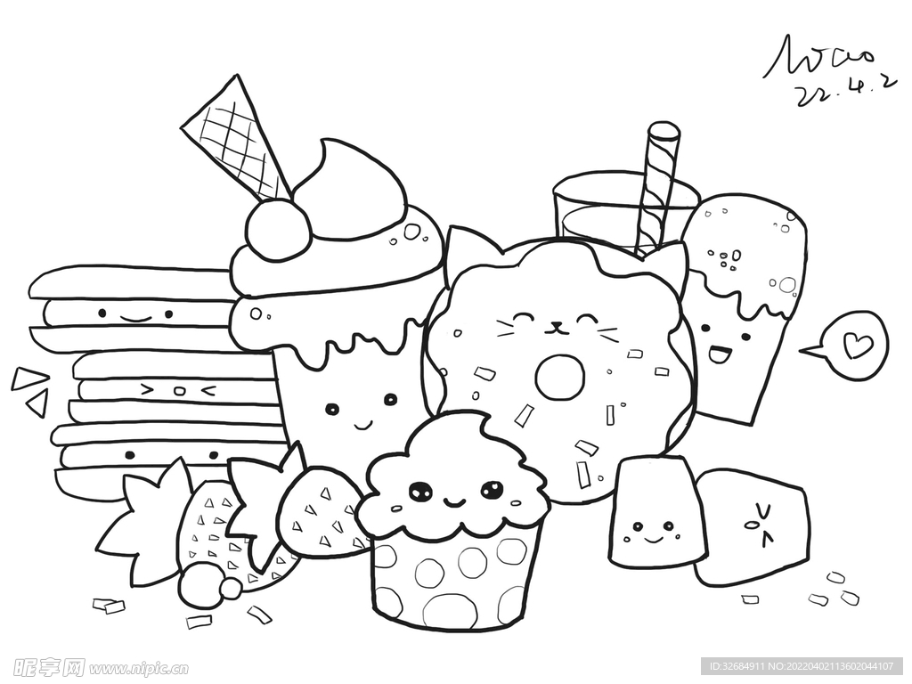黑白涂鸦冰淇淋可爱手绘素材设计图__其他_动漫动画_设计图库_昵图网nipic.com