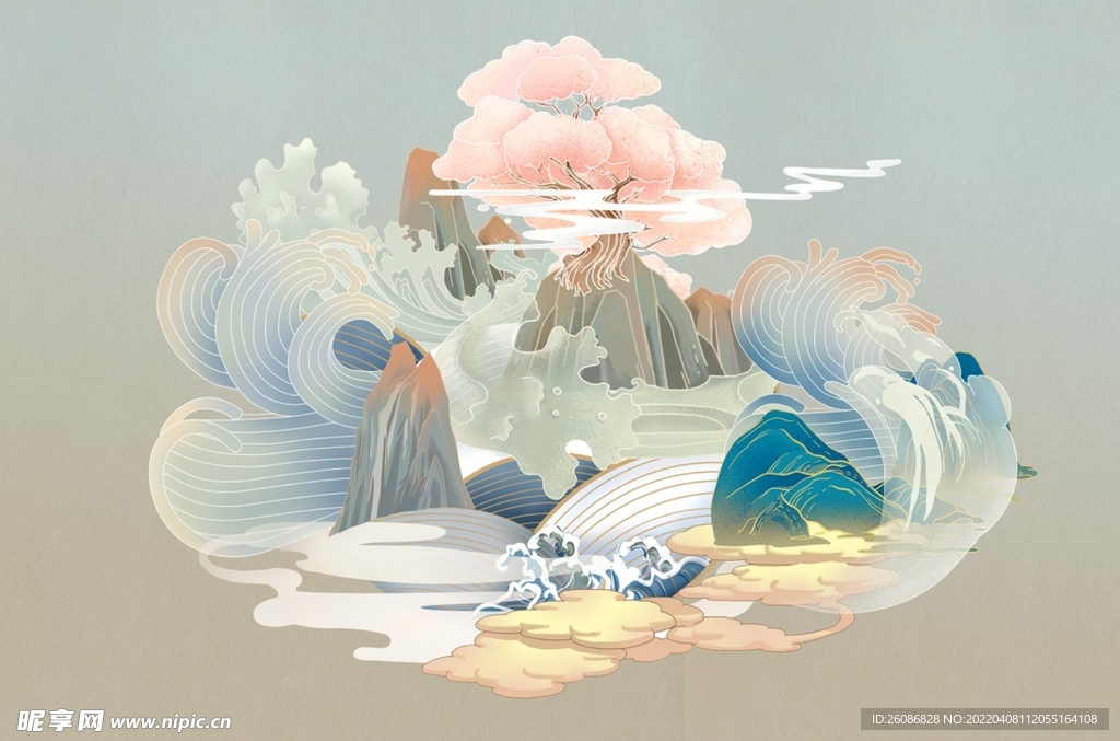 国潮中国风景山水插画元素背景