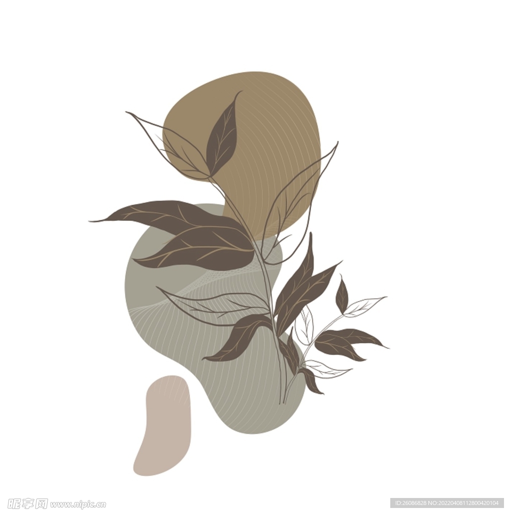 棕色免扣抽象画线几何植物画作