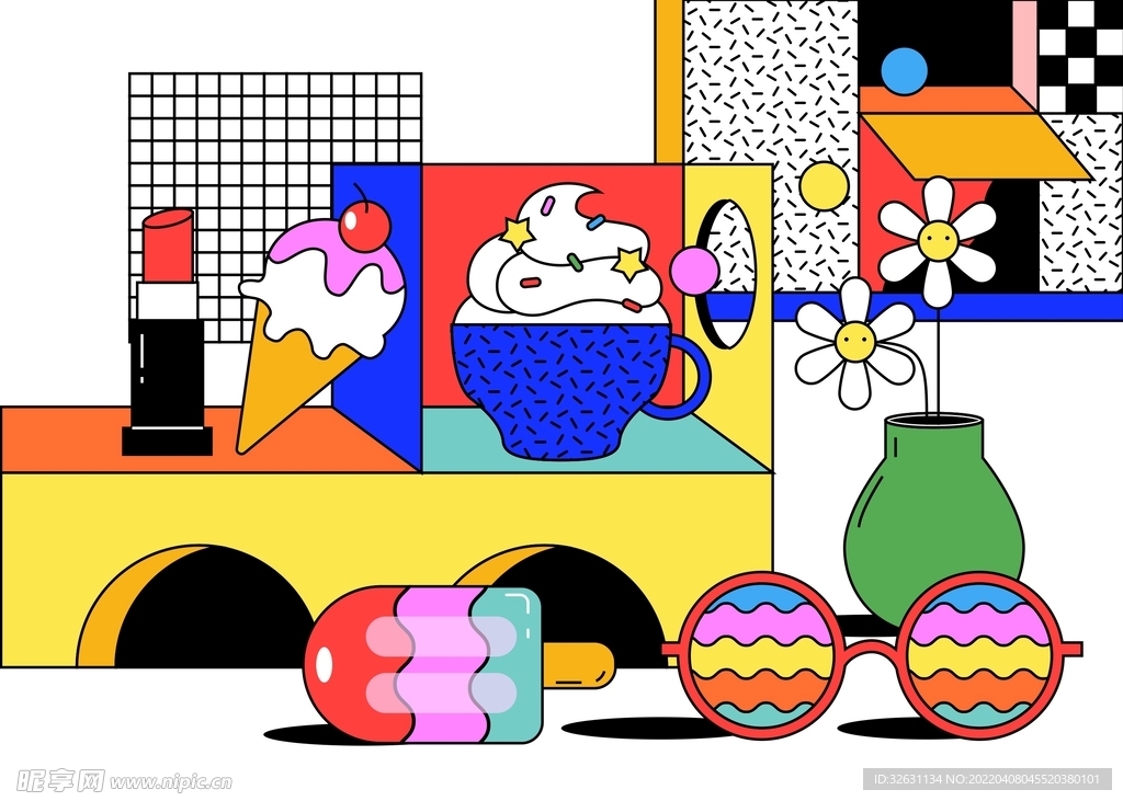 潮流炫彩复古撞色孟菲斯几何插图