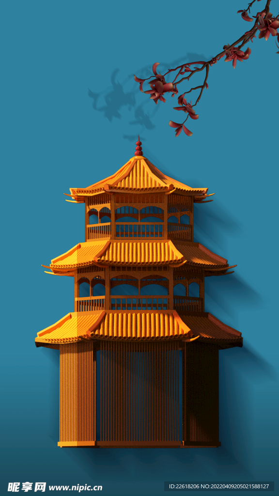 蓝色中国风楼亭海报素材