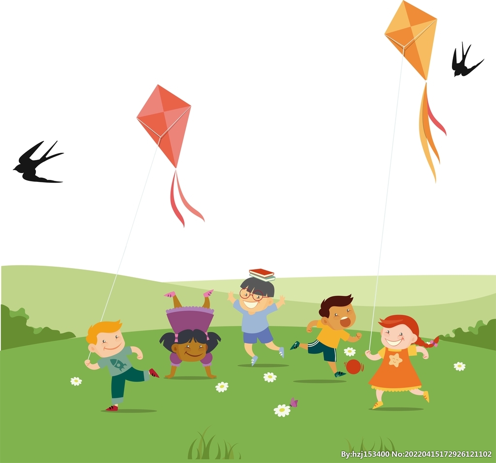 在草地上放风筝的小孩