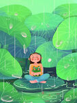 谷雨节气下雨荷叶女孩可爱治愈系
