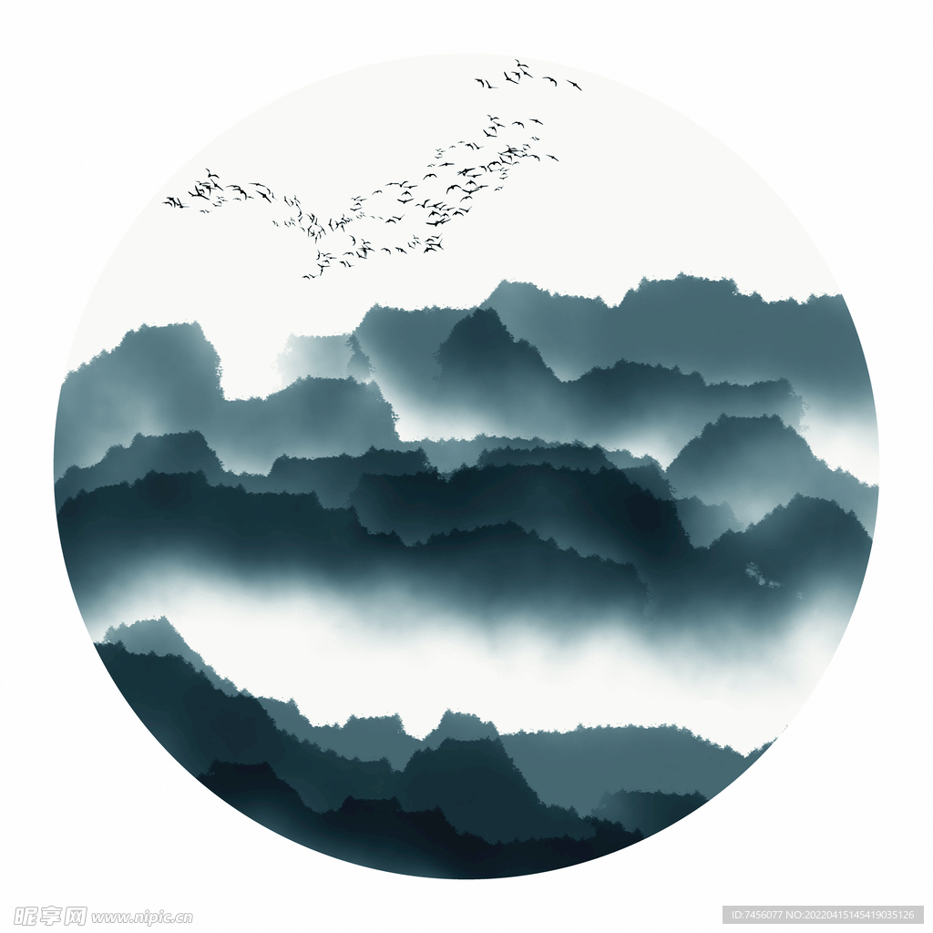 水墨山脉圆形艺术挂画