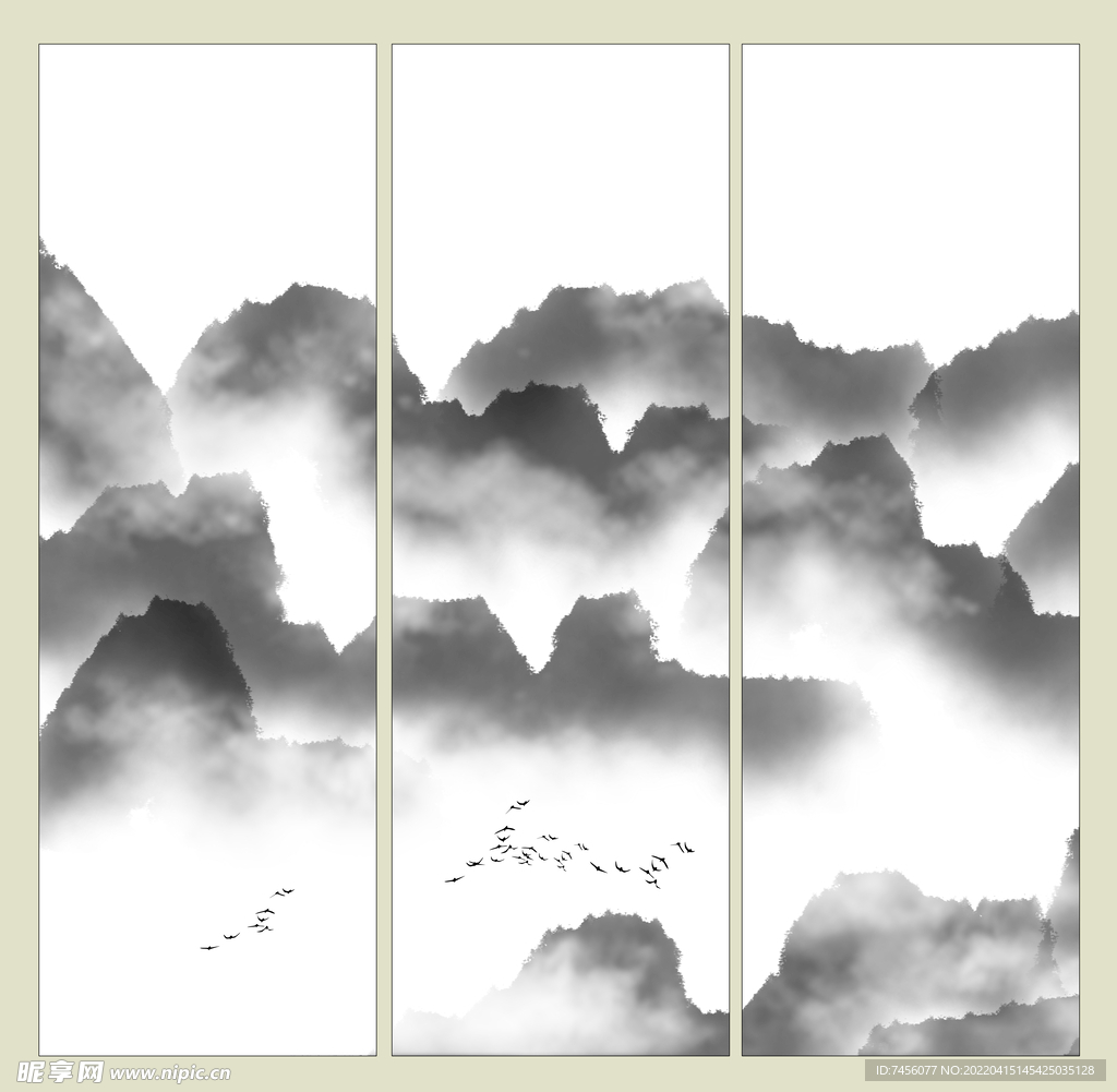 水墨山脉三联无框画