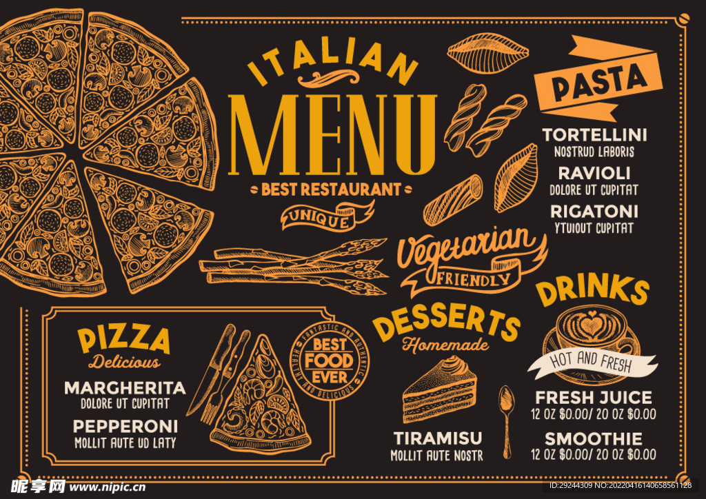 创意黑板手绘意大利披萨菜单矢量