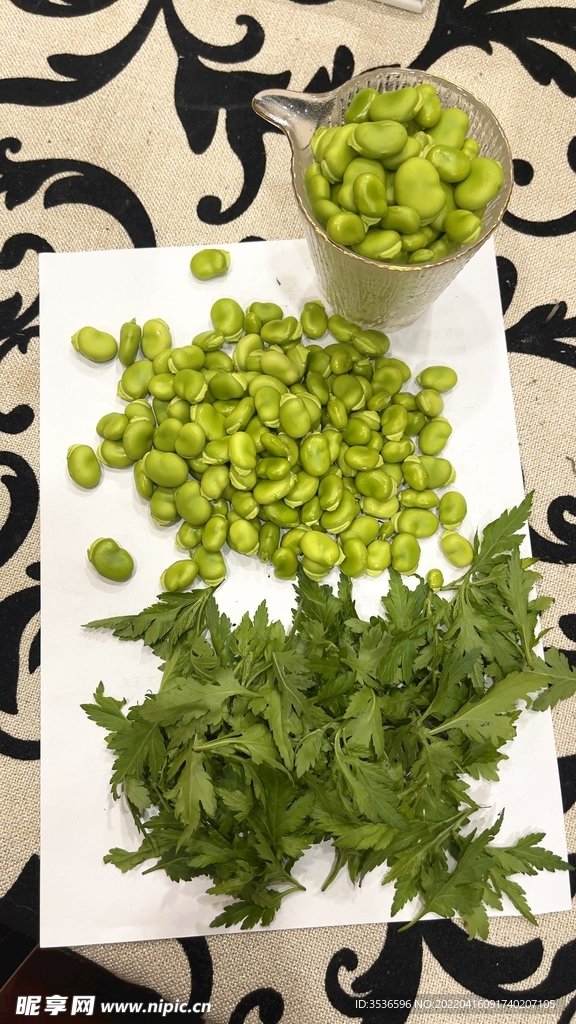 新鲜的蚕豆和菊花脑