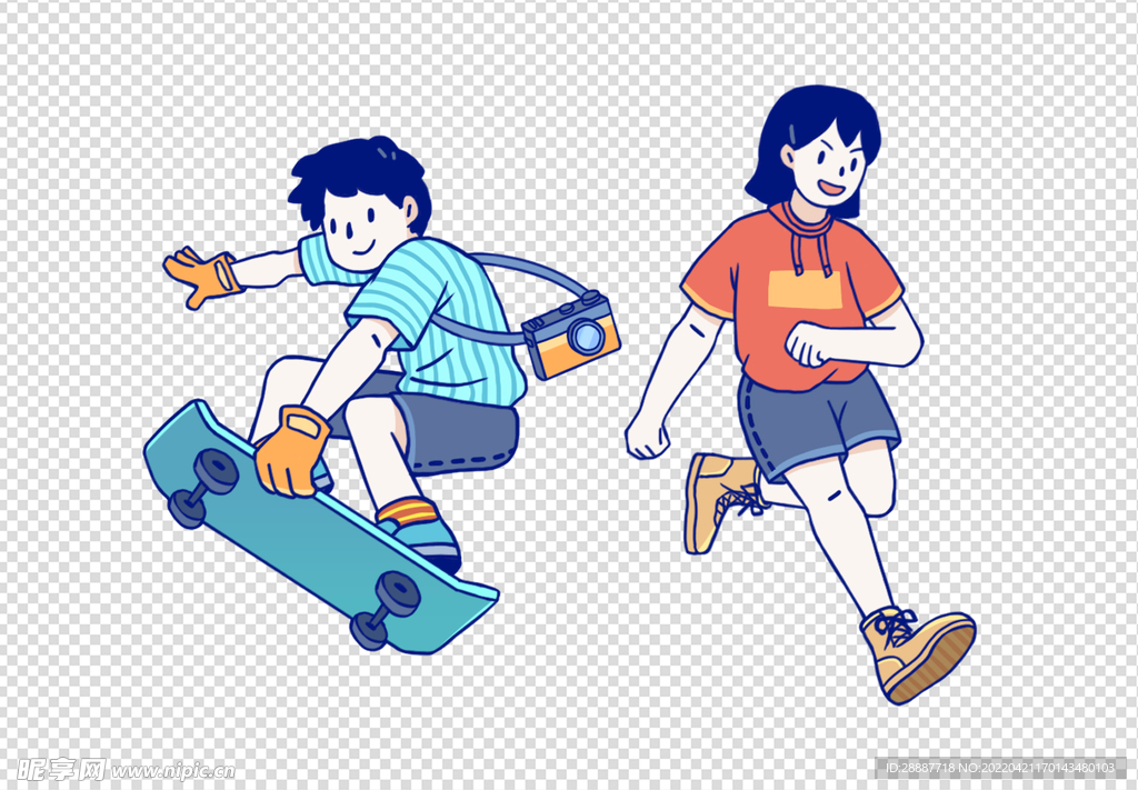滑板少年跑步女生插画素材