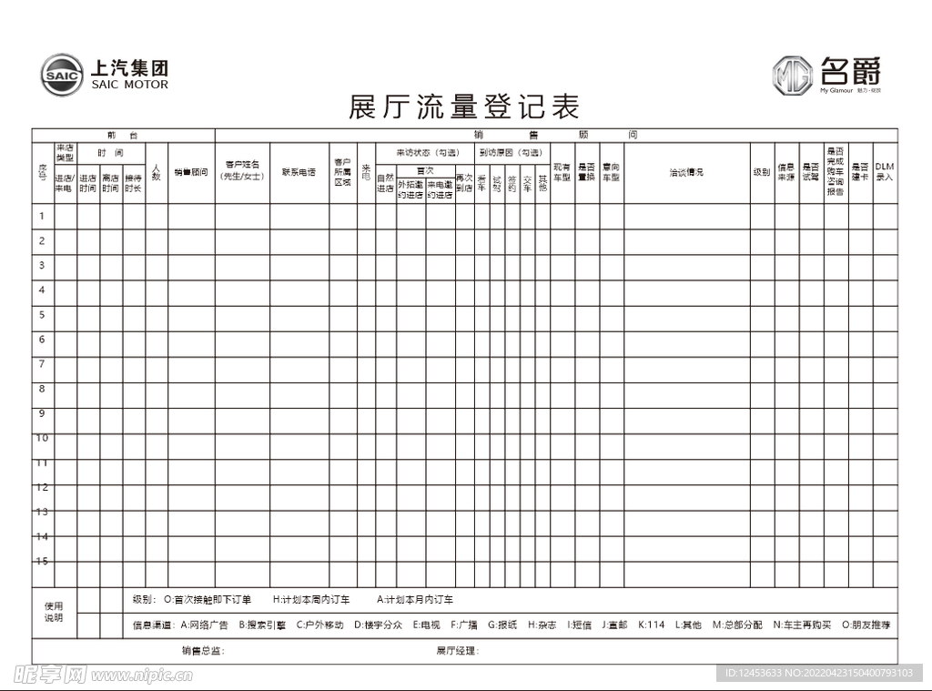 名爵汽车展厅流量登记表