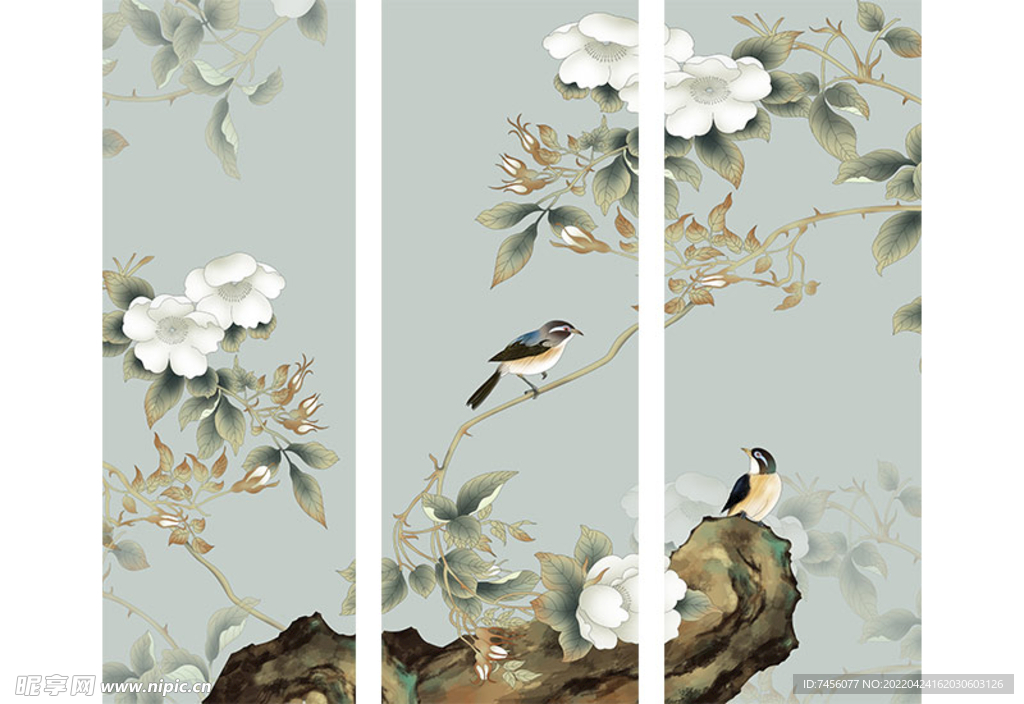 中式花鸟三联无框画