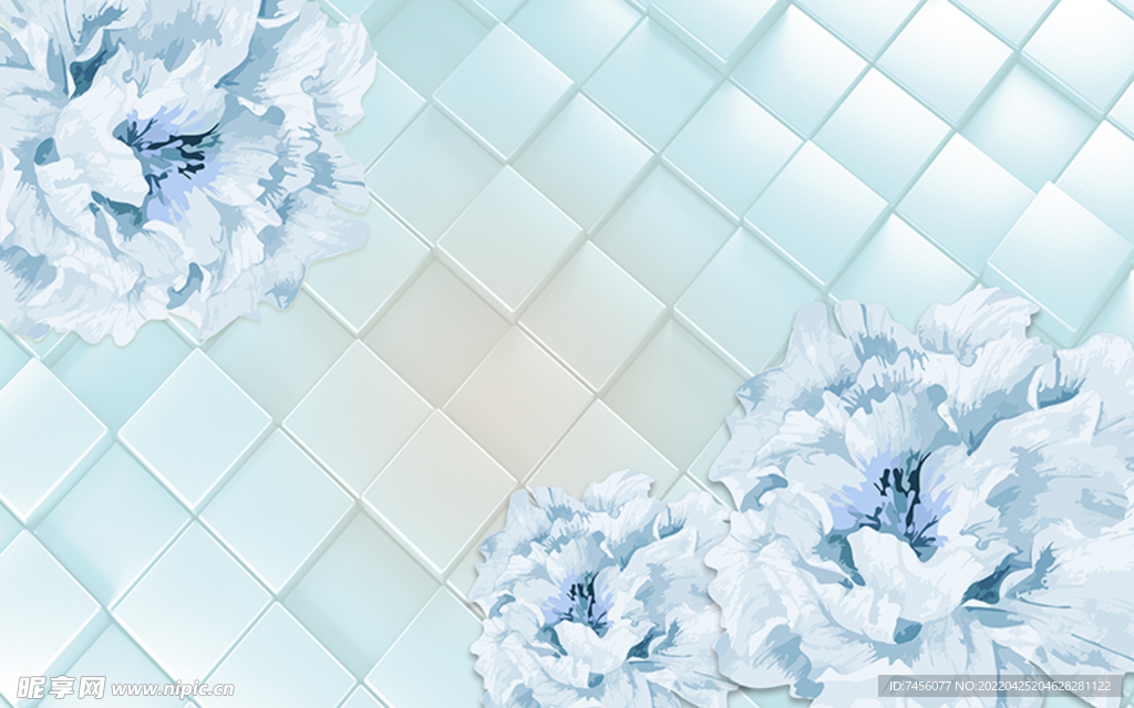 水彩浅蓝色花卉软包背景墙