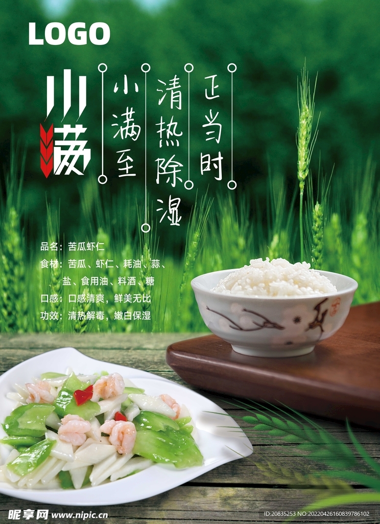 二十四节气小满苦瓜虾仁海报