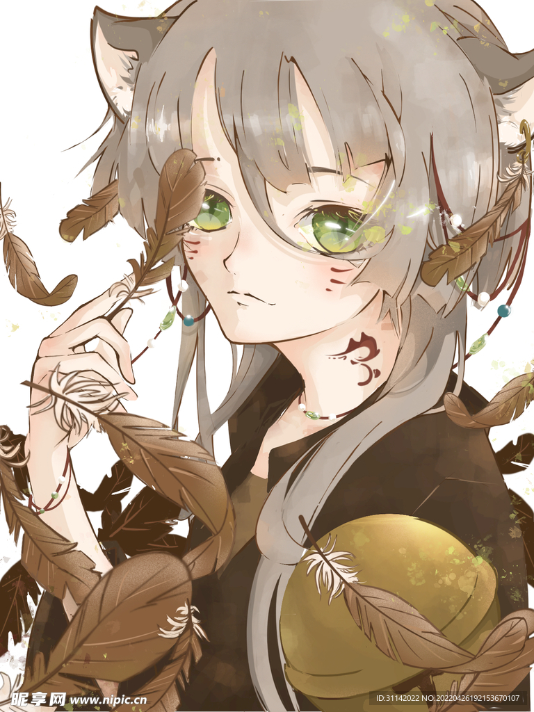 复古猫耳少女手绘
