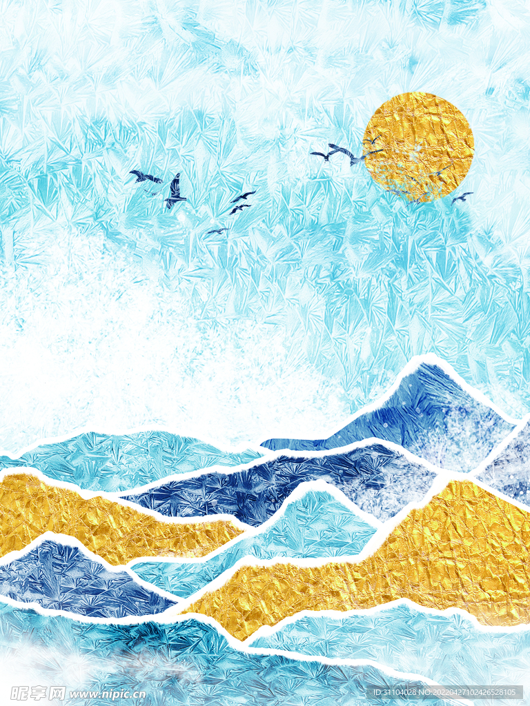 山脉落日山水画