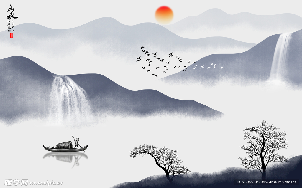山水画水墨背景墙