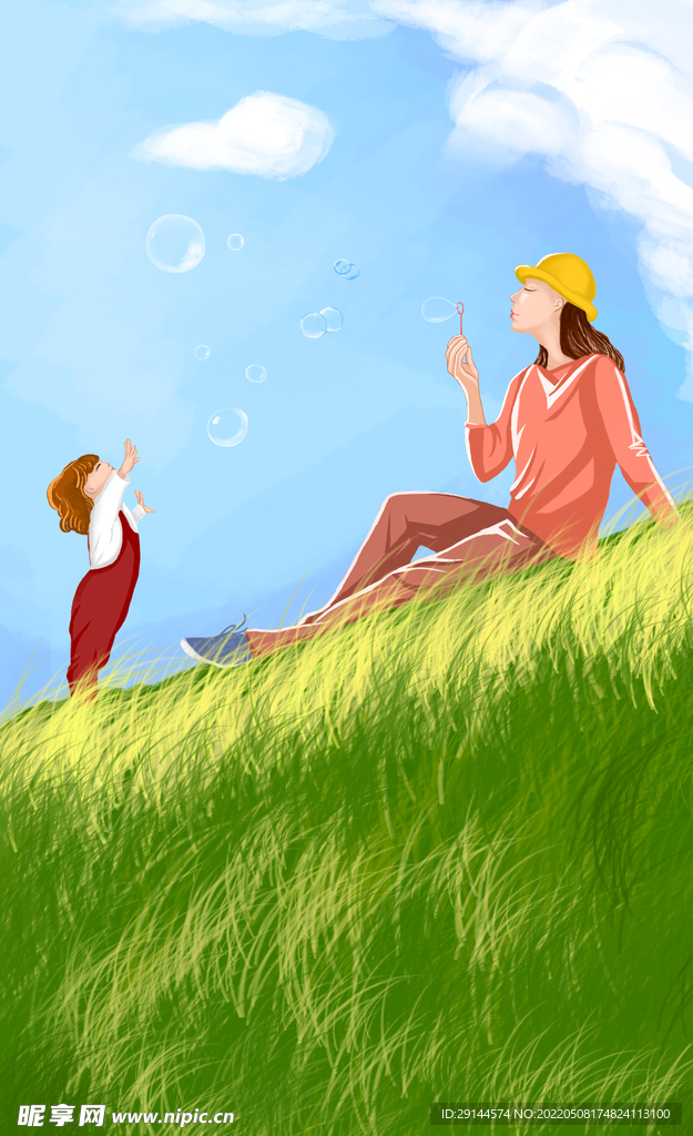 手绘 草地上的母女