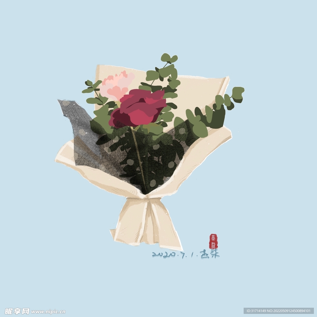扁平风玫瑰尤加利康乃馨花束