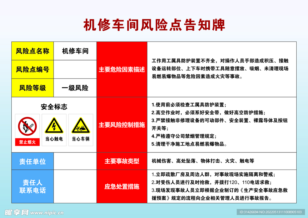 机修车间危险点告知牌