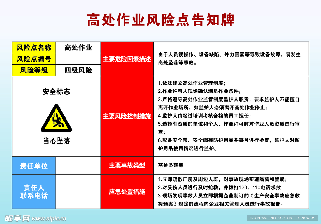 高处作业风险点告知牌