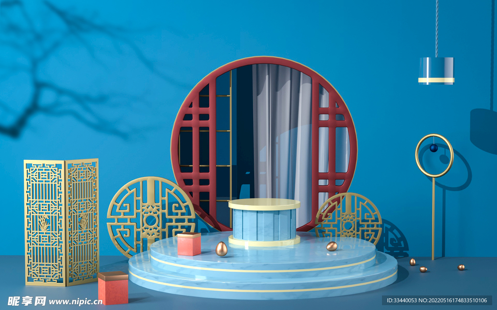 中国风背景  3D元素 电商