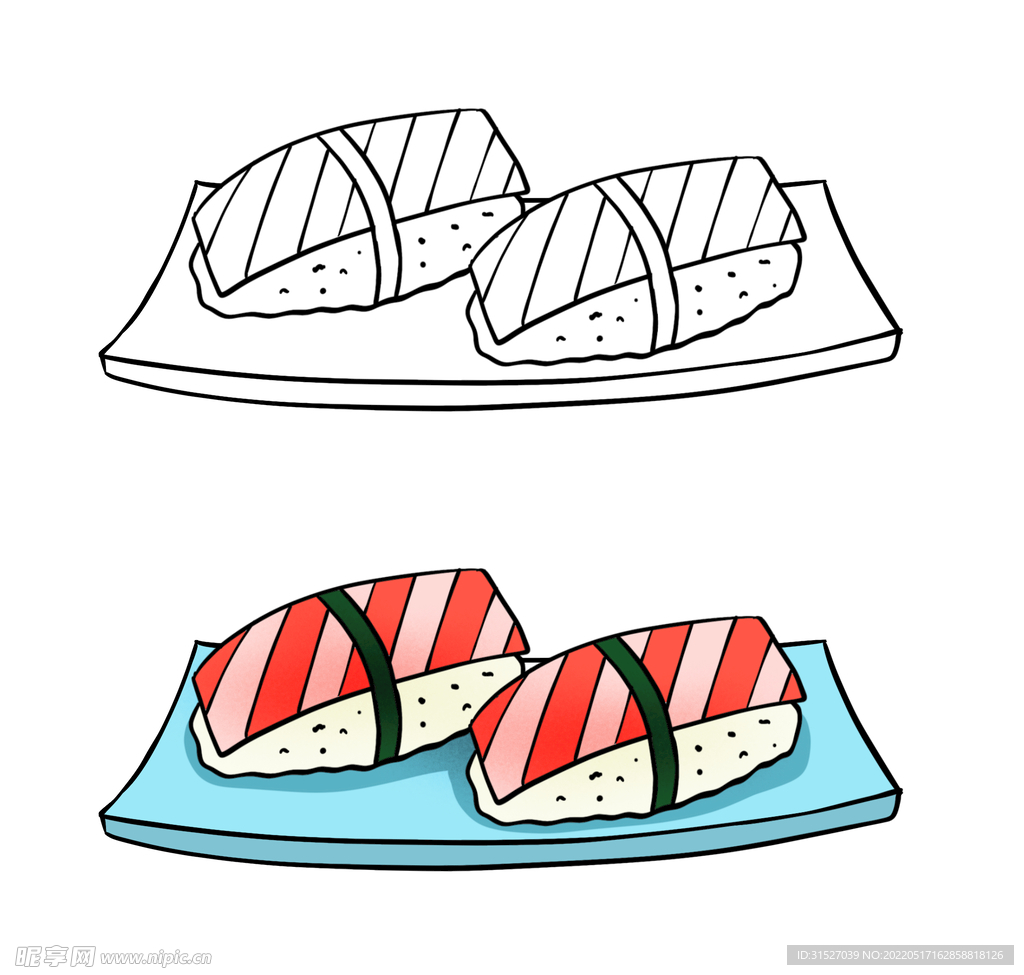 手绘卡通填色简笔画生鱼片寿司