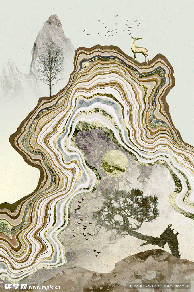 新中式抽象轻奢山水麋鹿装饰画