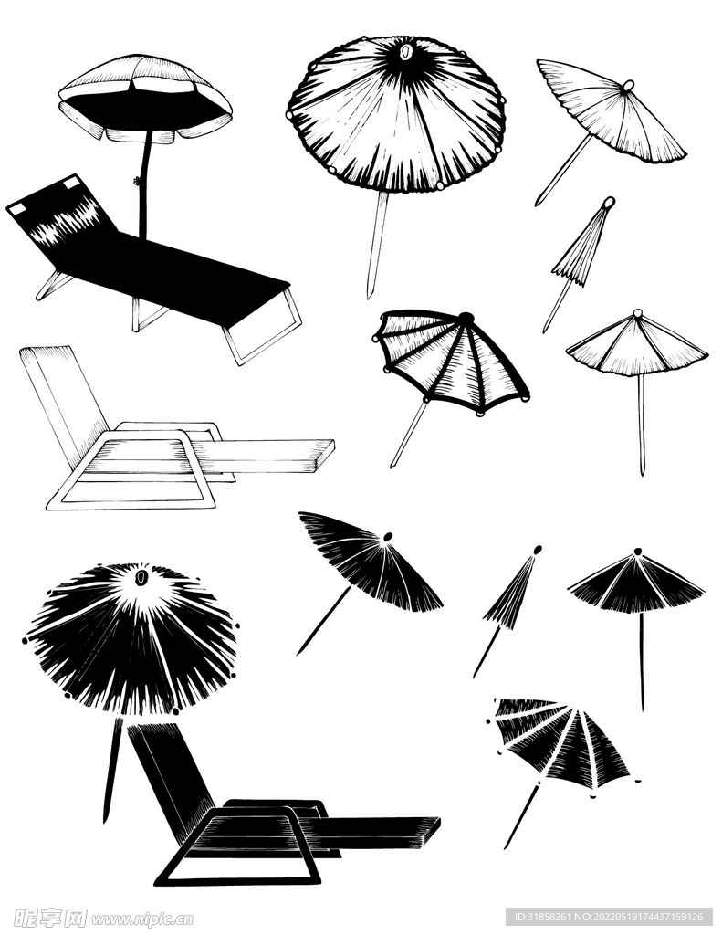 沙滩雨伞椅子矢量图