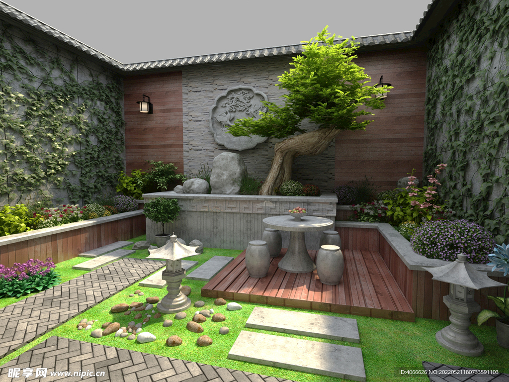 中式花园景观效果图