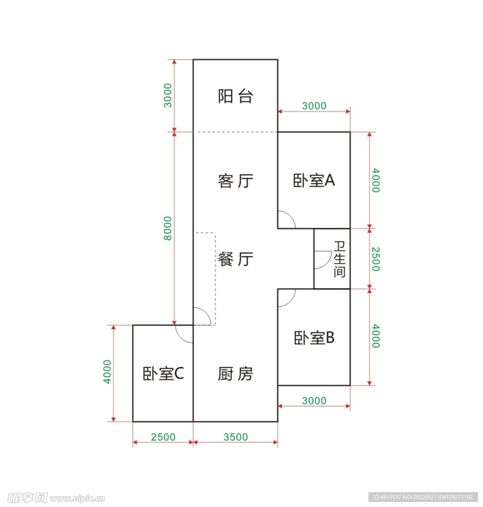 三室两厅一厨一卫一阳台平面图