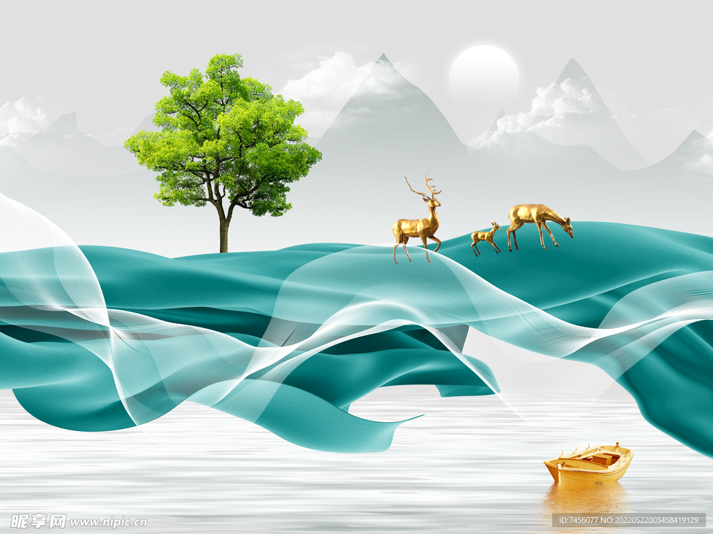 麋鹿大树水墨艺术挂画装饰画