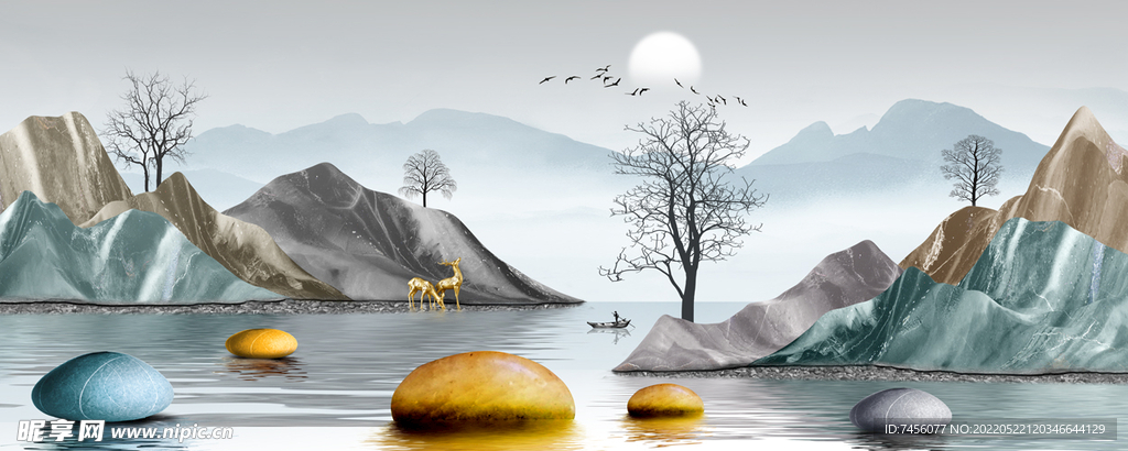 湖泊山脉石头艺术挂画装饰画