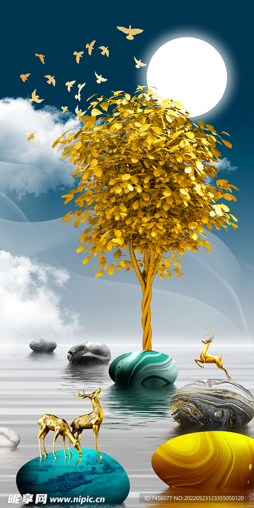 湖泊发财树艺术挂画装饰画