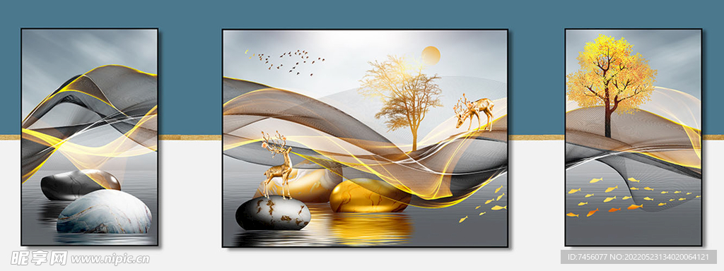 麋鹿发财树湖泊美景装饰画