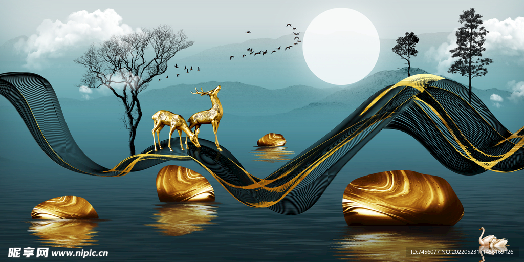 麋鹿湖泊中式挂画装饰画