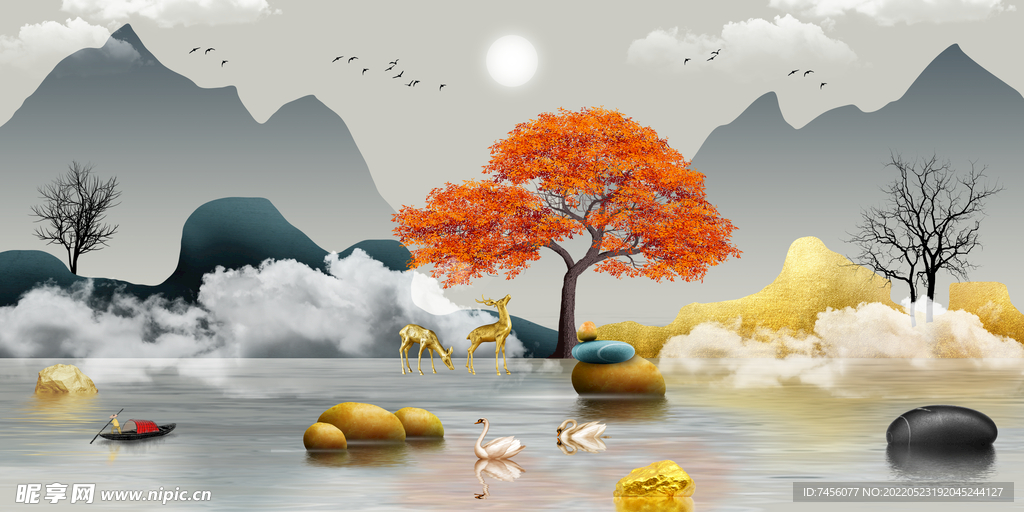 山水湖泊水墨装饰画挂画