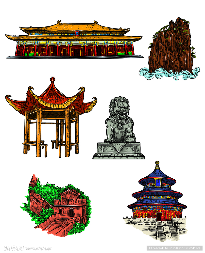 矢量中国古代建筑手绘图
