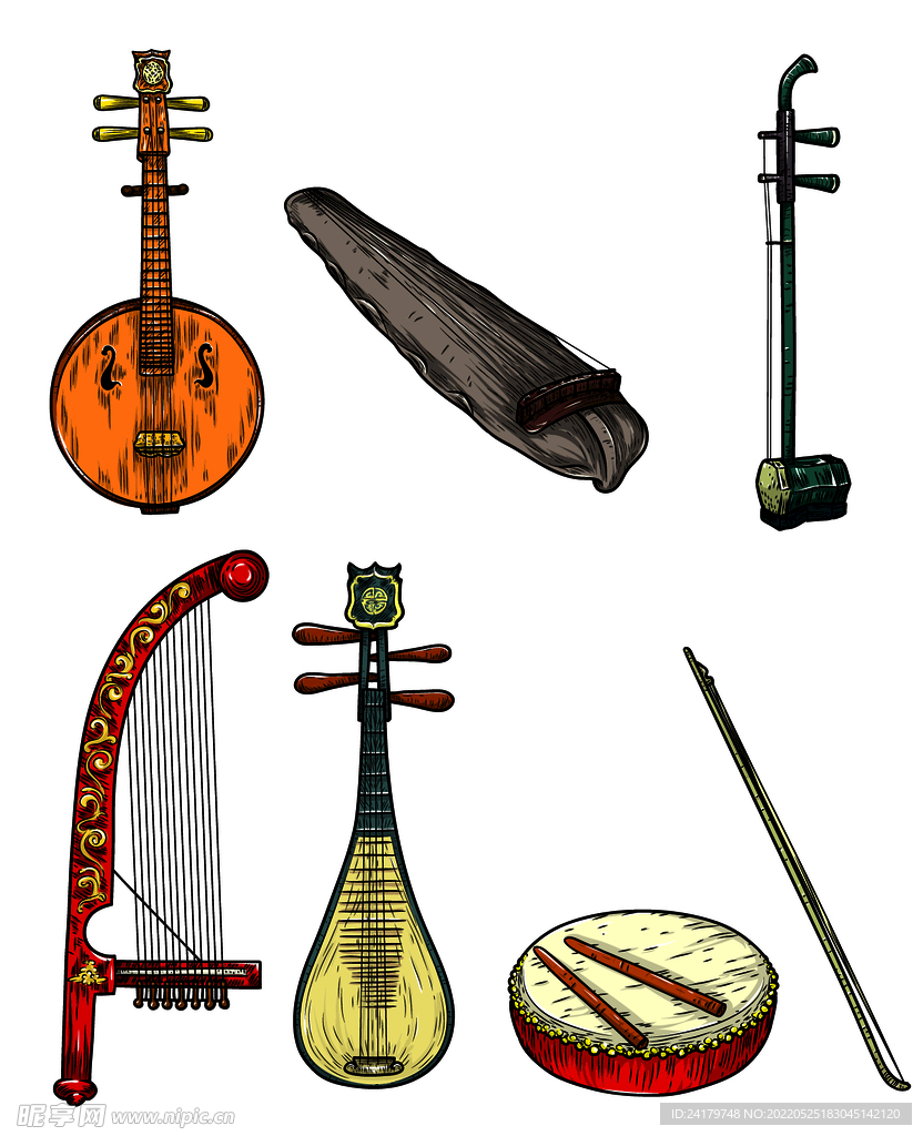 矢量中国古风乐器手绘图
