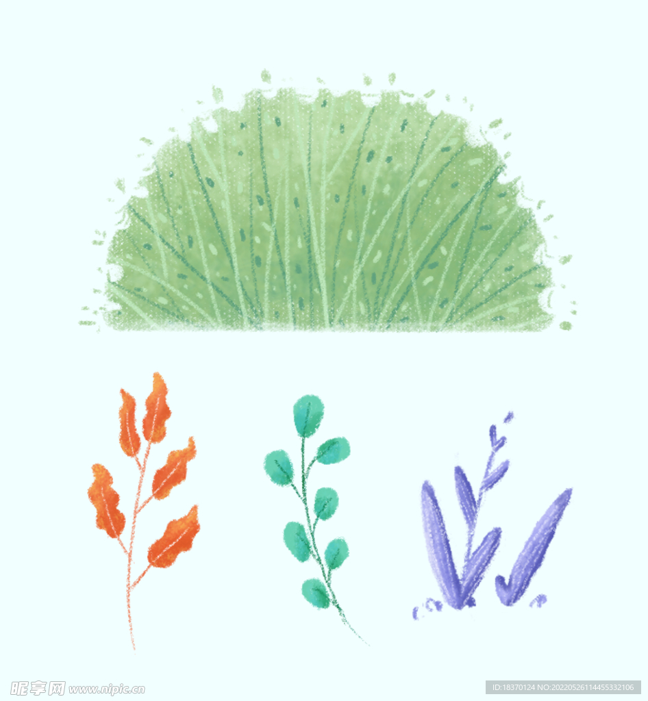 手绘植物 绿叶 草丛 叶子