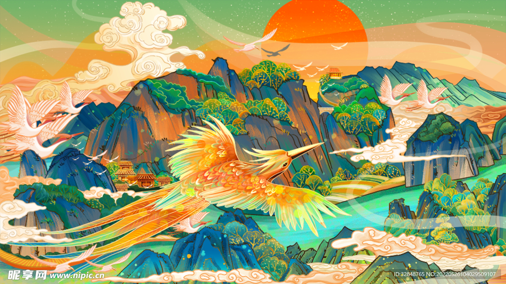 现代中国风手绘山水插画海报