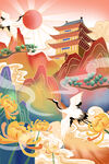 中国风手绘建筑插画海报