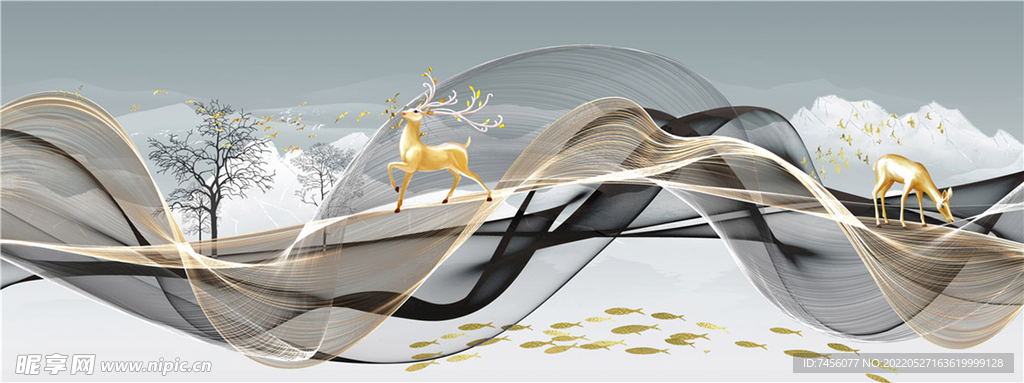 水墨中式山脉麋鹿艺术挂画装饰画