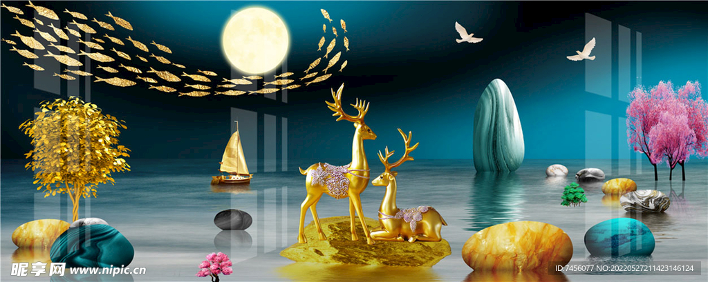 湖泊麋鹿水彩装饰画挂画