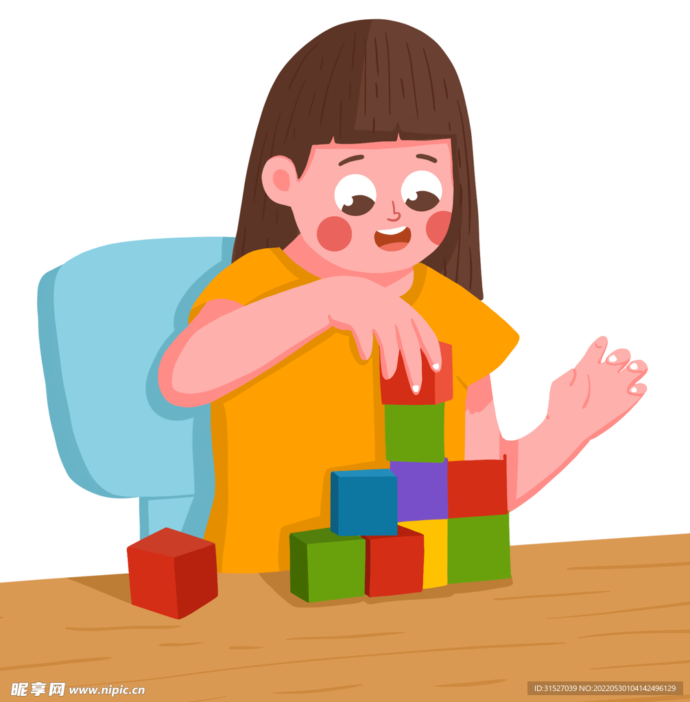 小女孩堆积木插画