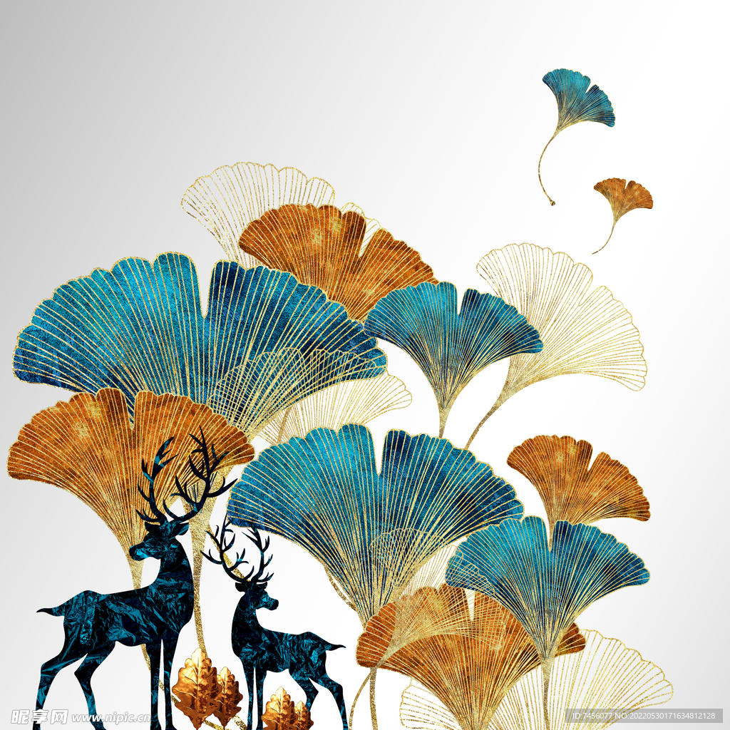 麋鹿水彩叶子装饰画挂画