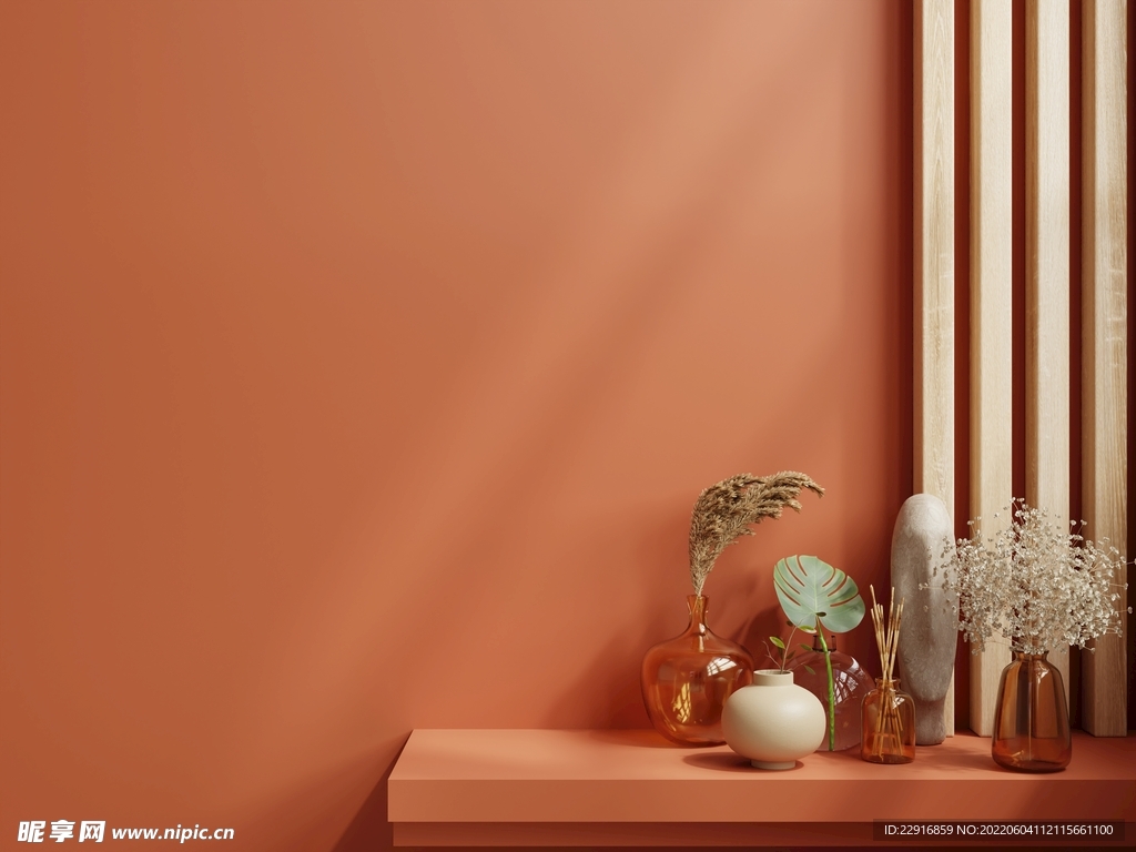 现代空房间深橙色背景墙