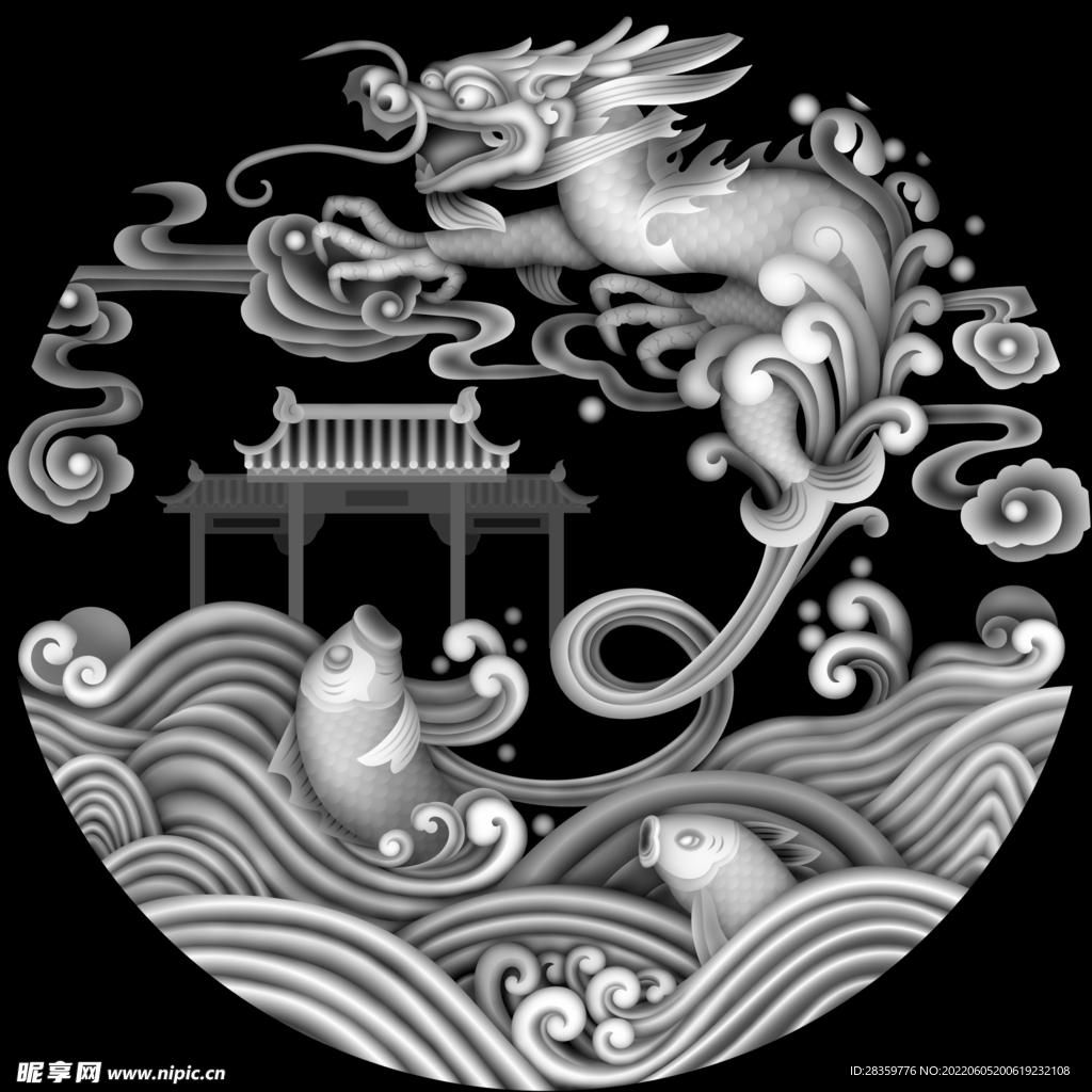 鲤鱼跃龙门浮雕灰度图