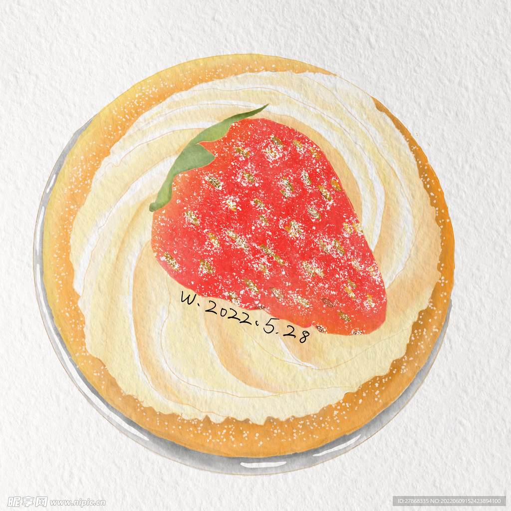 手绘草莓食物绘画蛋挞水彩